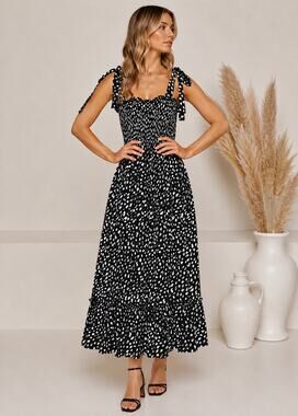 By Together Lorraine Black & White Polka Dot Smocked Tie Strap Maxi Dress Small